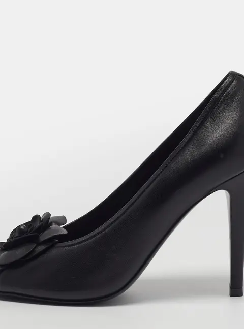 Chanel Camellia Size 37 Black Leather Peep Toe Pumps