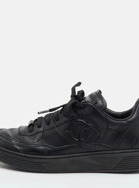 Chanel CC Size 37 Black Perforated Leather Low Top Sneakers