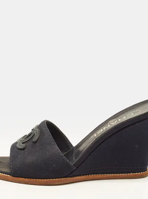 Chanel Size 36.5 Navy Blue Canvas Wedge Sandals