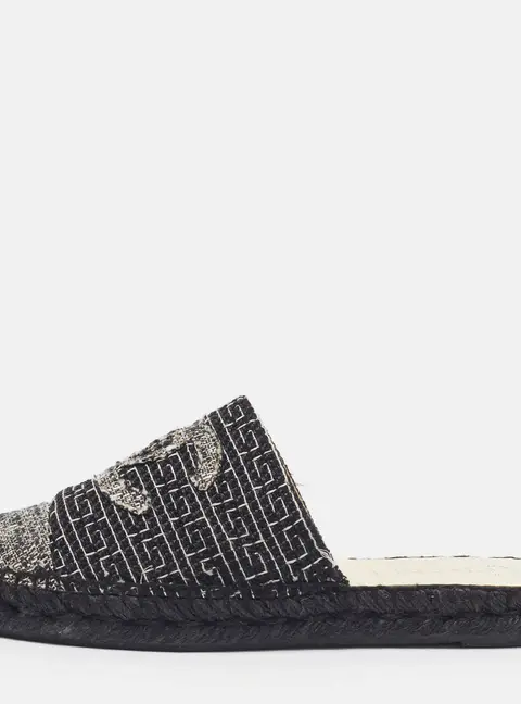 Chanel CC Size 39 Black/White Tweed Espadrille Flat Mules