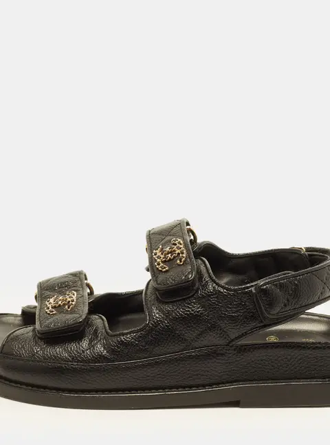 Chanel CC Dad Size 34 Black Quilted Leather Ankle Strap Sandals