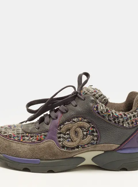 Chanel CC Size 36.5 Multicolor Leather and Tweed Lace Up Sneakers