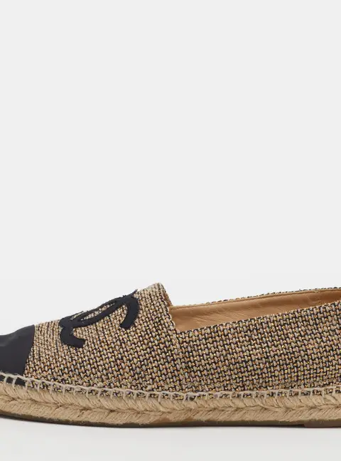 Chanel CC Size 42 Black/Beige Canvas and Tweed Cap Toe Espadrille Flats