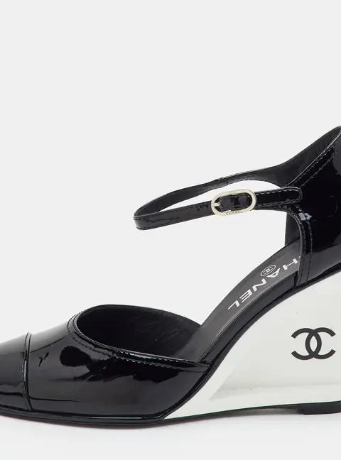 Chanel CC Size 39.5 Black Patent Leather Ankle Strap Wedge Pumps