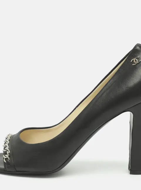 Chanel CC Chain Link Size 38.5 Black Leather Peep Toe Pumps
