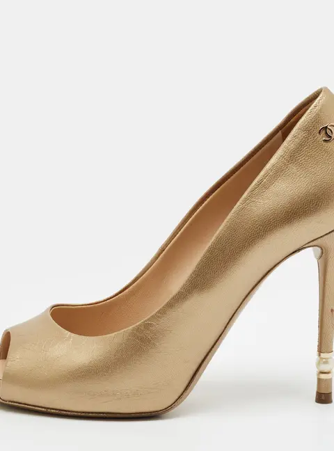Chanel CC Size 37 Gold Leather Peep Toe Pumps