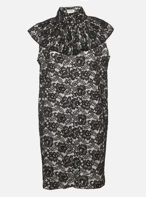 Chanel Black Floral Lace Ruffled High Neck Mini Dress L