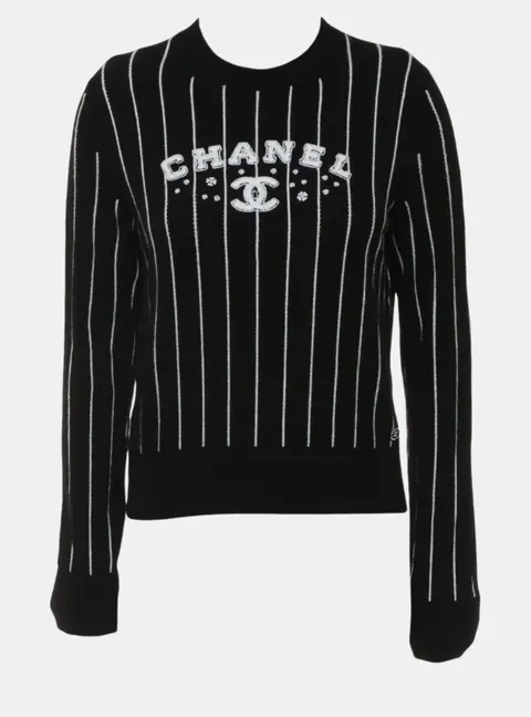 Chanel Black Cashmere Crew Neck Stripes Logo Sweater S