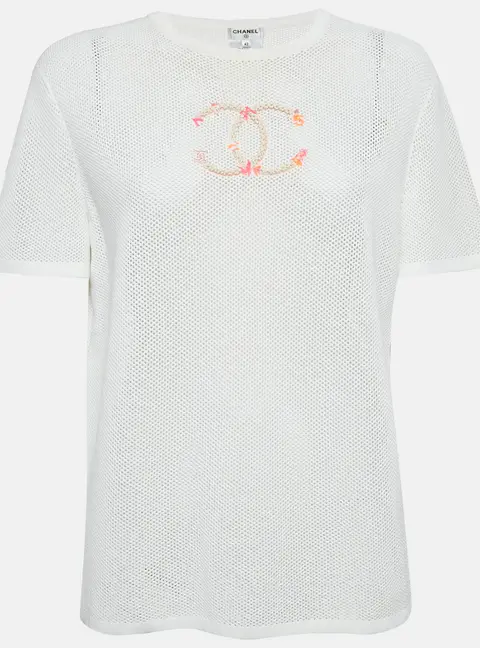 Chanel White CC Embroidered Mesh Sheer T-Shirt L