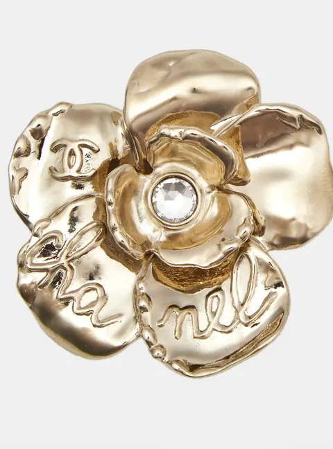 Chanel Script Logo Camellia Flower Crystals Gold Tone Brooch