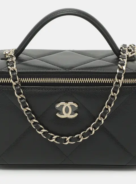 Chanel Vanity Case Black Quilted Caviar Leather Top Hnadle Bag