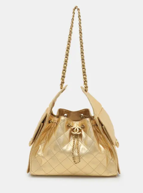 Chanel 25 Small Gold Quilted Caviar Leather Shoulder Bag