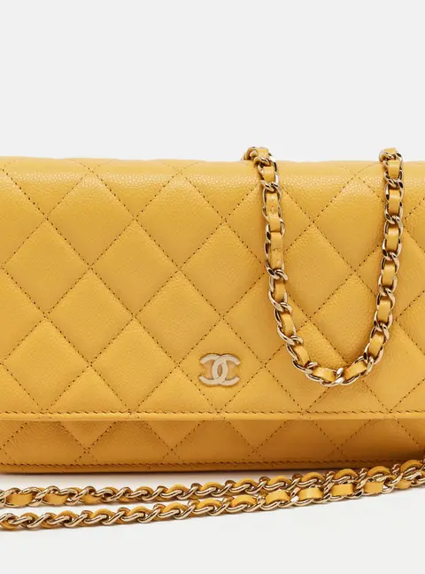 Chanel Classic Yellow Quilted Caviar Leather Wallet On Chain