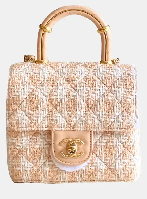 Chanel Handle Crush Mini Beige White Tweed Lambskin Leather Top Handle Bag