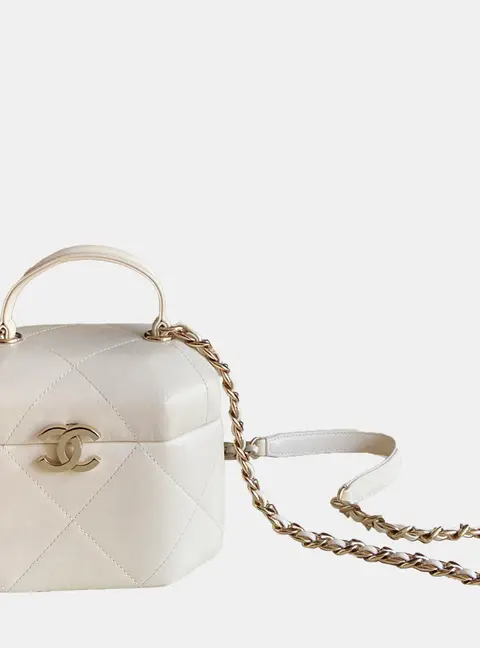 Chanel Vanity Case Small White Quilted Lambskin Leather Top Handle Bag