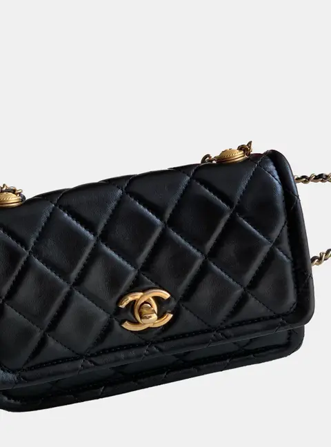 Chanel Flap Clutch With Chain Black Shiny Lambskin Leather Shoulder Bag