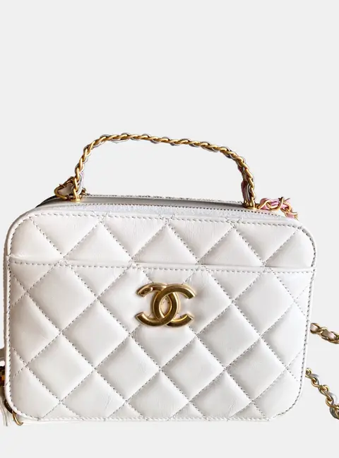 Chanel Vanity Case Small White Quilted Lambskin Leather Top Handle Bag