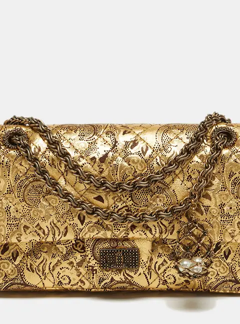 Chanel 2.55 Reissue 225 Gold Brocade Lace Painted Quilted Leather Flap Bag
