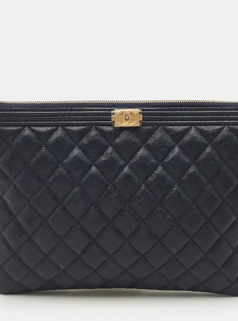 Chanel Boy Medium Blue Quilted Caviar Leather Pouch