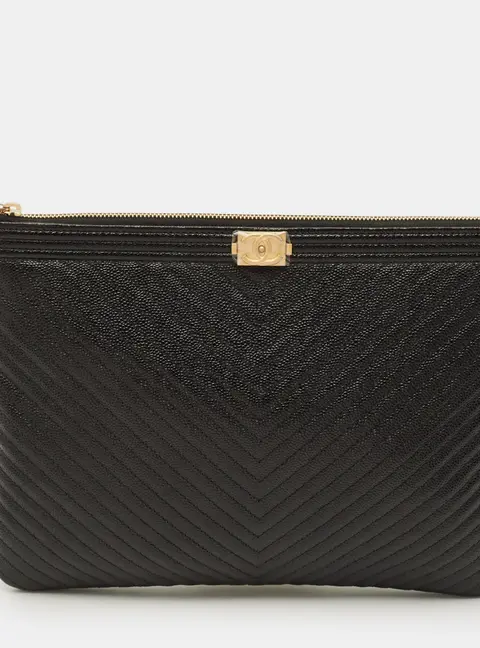 Chanel Boy Medium Black Chevron Caviar Leather Pouch