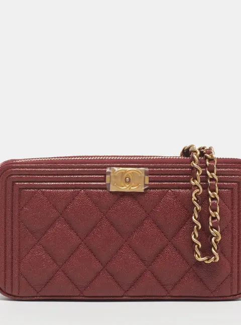 Chanel Boy Burgundy Quilted Caviar Leather Chain Clutch
