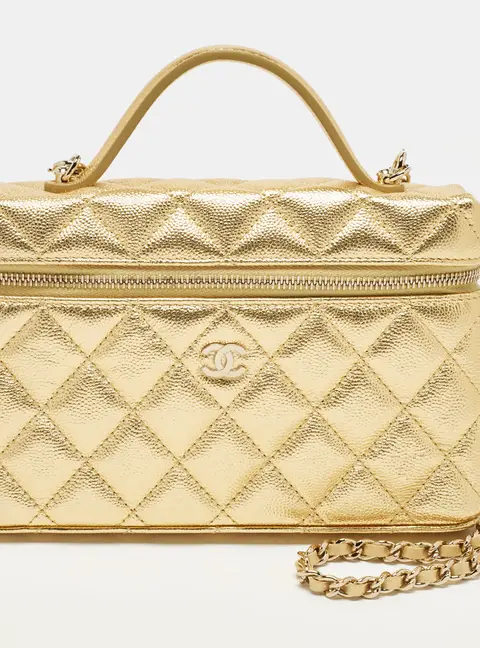 Chanel Vanity Case Slim Gold Quilted Caviar Leather Shoulder Bag