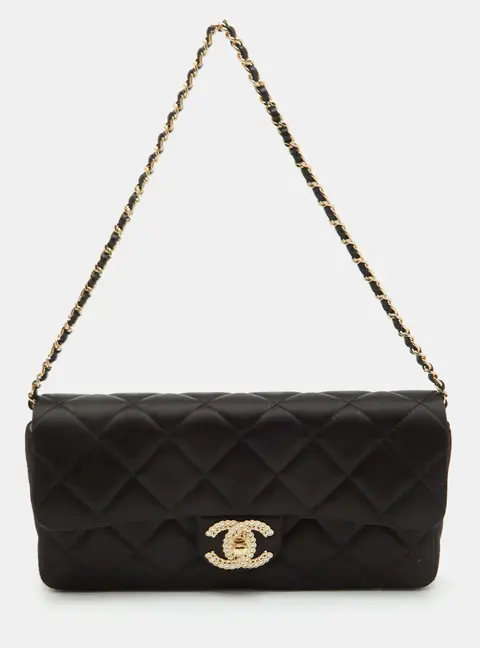 Chanel Classic Black Quilted Satin CC Pearl Clutch with Chain