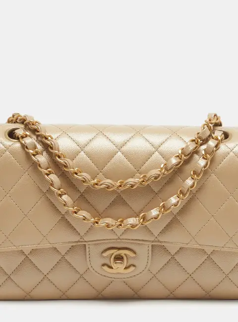 Chanel Classic Double Flap Medium Metallic Beige Quilted Caviar Leather Shoulder Bag