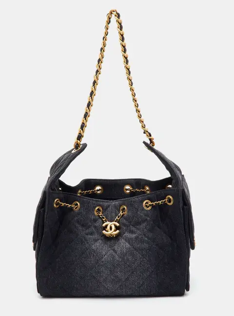 Chanel 25 Drawstring Black Quilted Denim Hobo