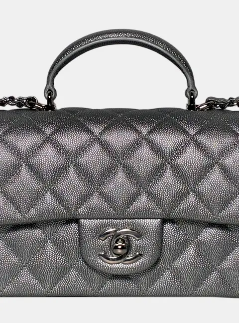 Chanel Top Handle Mini Rectangular Flap Silver Caviar Leather Shoulder Bag