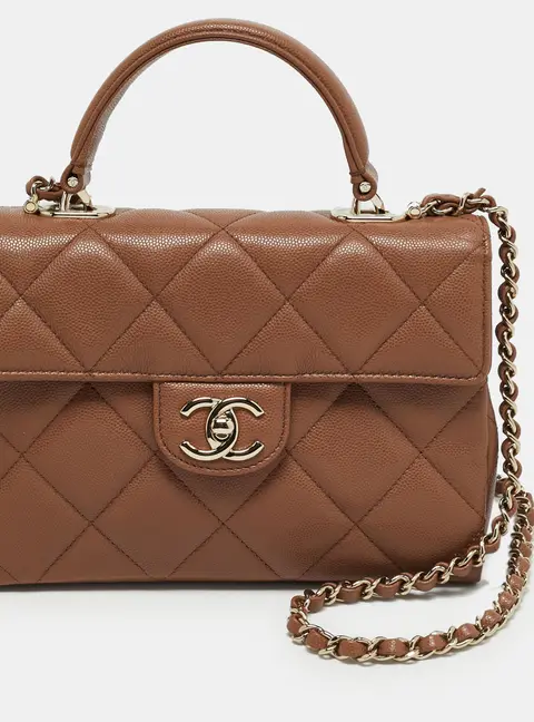 Chanel Brown Quilted Shiny Caviar Leather Top Handle Bag