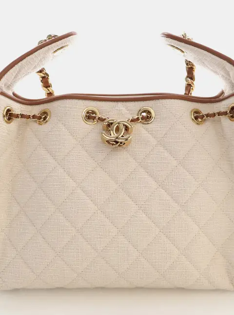 Chanel 25 Small Ecru Canvas Camel Calfskin Leather Hobo Bag