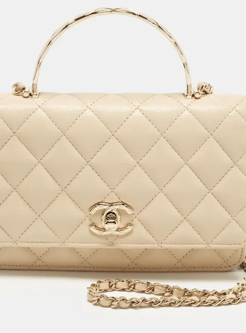 Chanel Light Beige Quilted Caviar Leather Top Handle Wallet On Chain