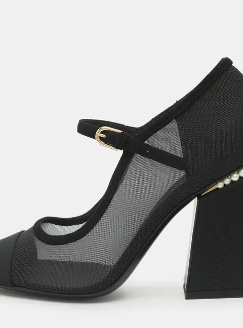 Chanel CC Embellished Size 38.5 Black Mesh and Suede Mary Jane Pumps