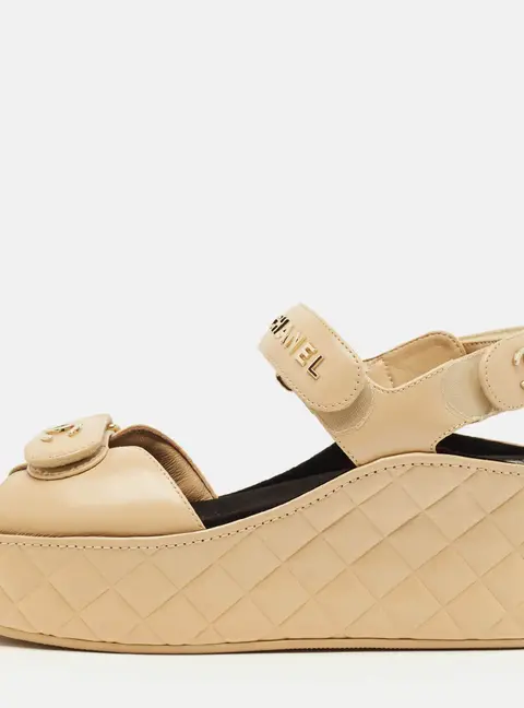Chanel CC Size 39 Beige Leather Platform Wedge Sandals