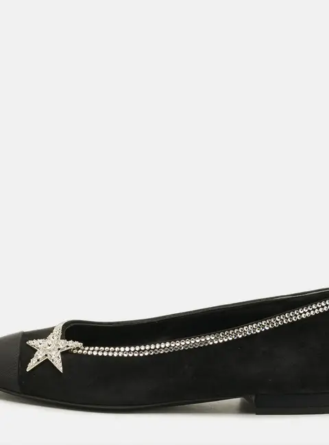 Chanel Size 36 Black Canvas Suede Crystal and Star Embellished Ballet Flats
