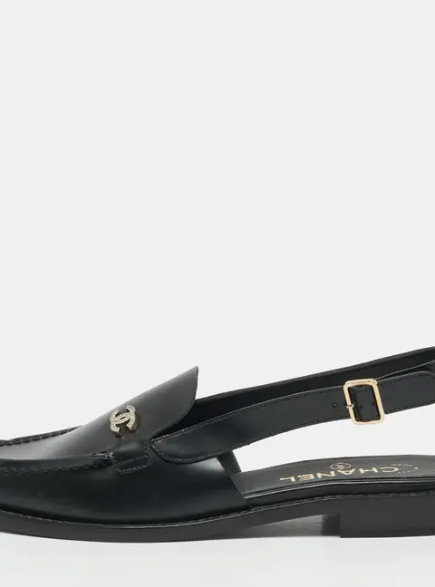 Chanel CC Size 37.5 Black Leather Slingback Loafers