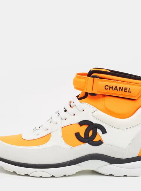 Chanel CC Size 41.5 Neon Orange/White Neoprene and Leather High Top Sneakers