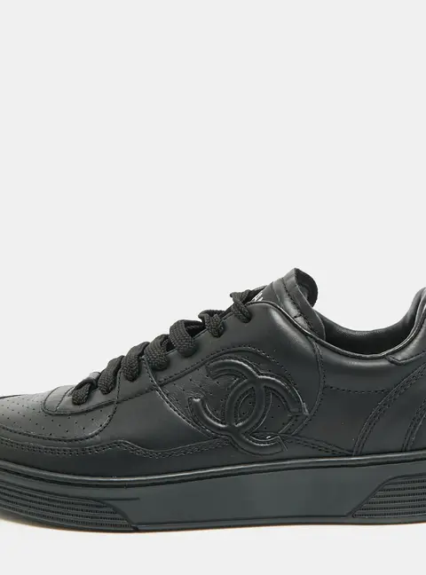 Chanel CC Size 37.5 Black Perforated Leather Lace Up Sneakers