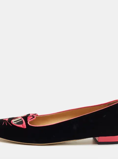 Charlotte Olympia Black/Pink Velvet Kitty Ballet Flats Size 40