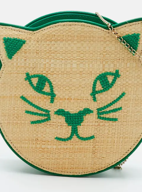 Charlotte Olympia Kitty Beige/Green Leather and Raffia Chain Clutch