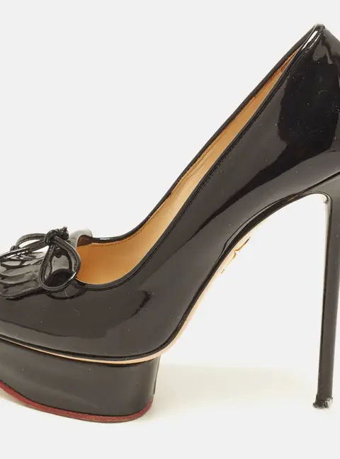 Charlotte Olympia Size 36.5 Black Patent Leather Bow Fringes Platform Pumps