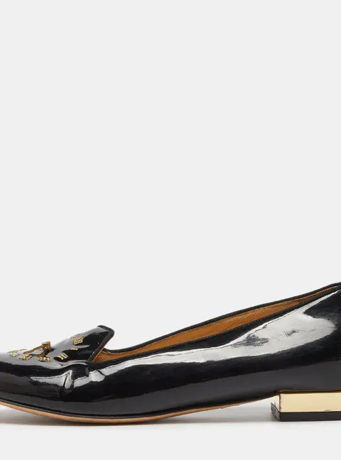 Charlotte Olympia Black Patent Leather Fashionably Late Clock Face Smoking Slippers Size 36