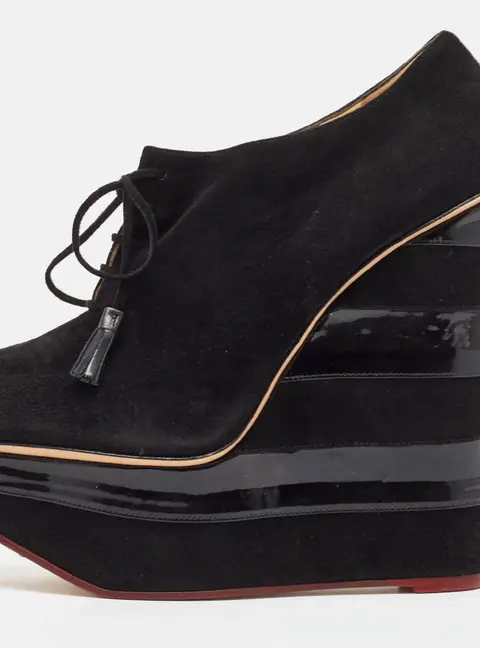 Charlotte Olympia Black Suede and Patent Leather Martha Wedge Booties Size 40