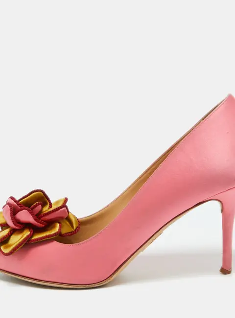Charlotte Olympia Pink Satin Flower Detail Pointed Toe Pumps Size 39