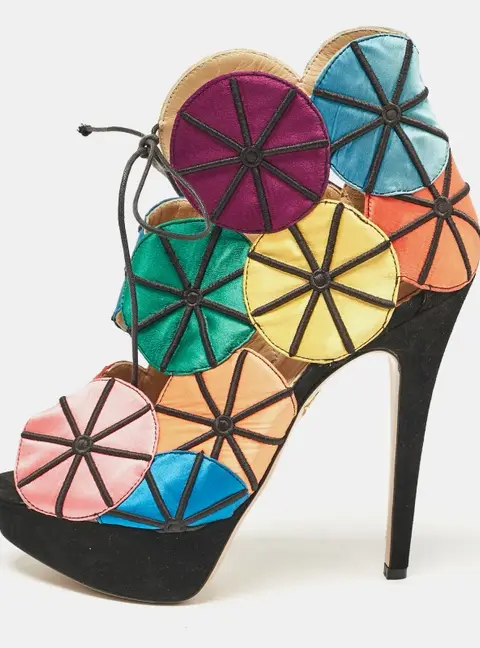 Charlotte Olympia Multicolor Satin and Suede Parasol Platform Sandals Size 37.5