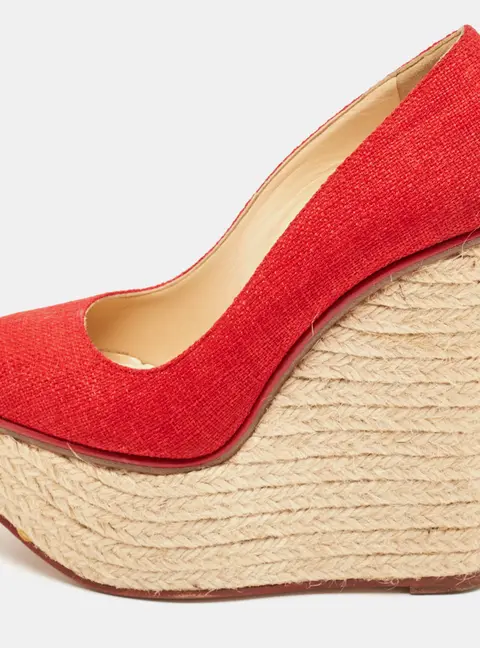 Charlotte Olympia Red Canvas Carmen Espadrille Platform Wedge Pumps Size 34