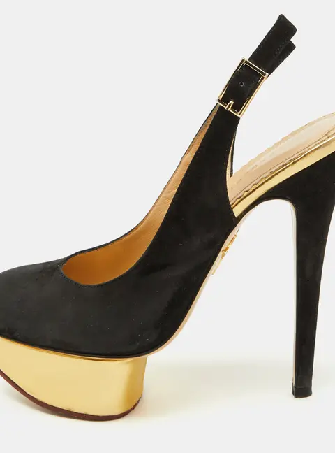 Charlotte Olympia Black Suede Dolly Slingback Platform Pumps Size 36.5