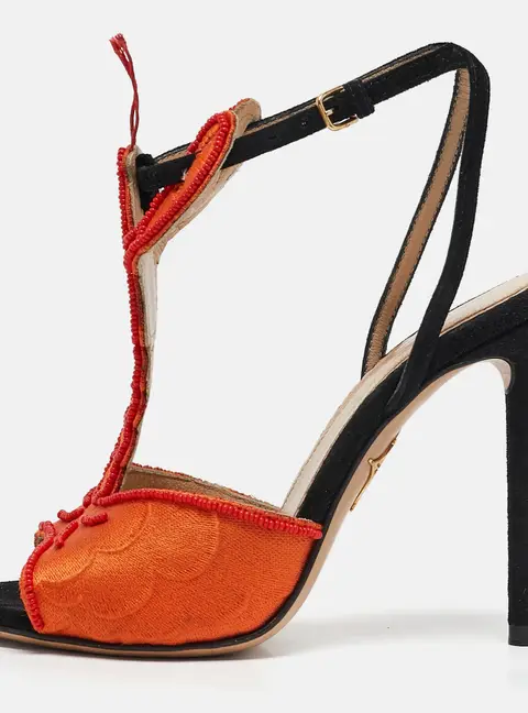 Charlotte Olympia Orange/Black Fabric and Suede Ankle Strap Sandals Size 35