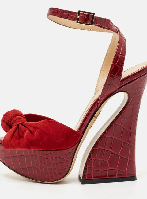 Charlotte Olympia Burgundy Croc Embossed Leather and Suede Ankle Strap Sandals Size 35